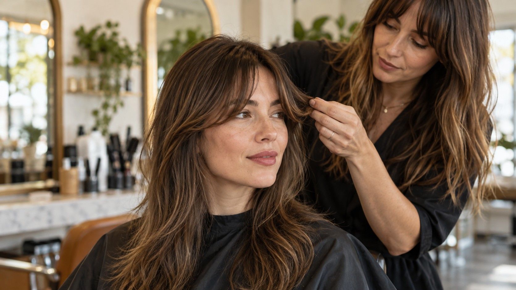 Hairstylist shaping soft curtain bangs