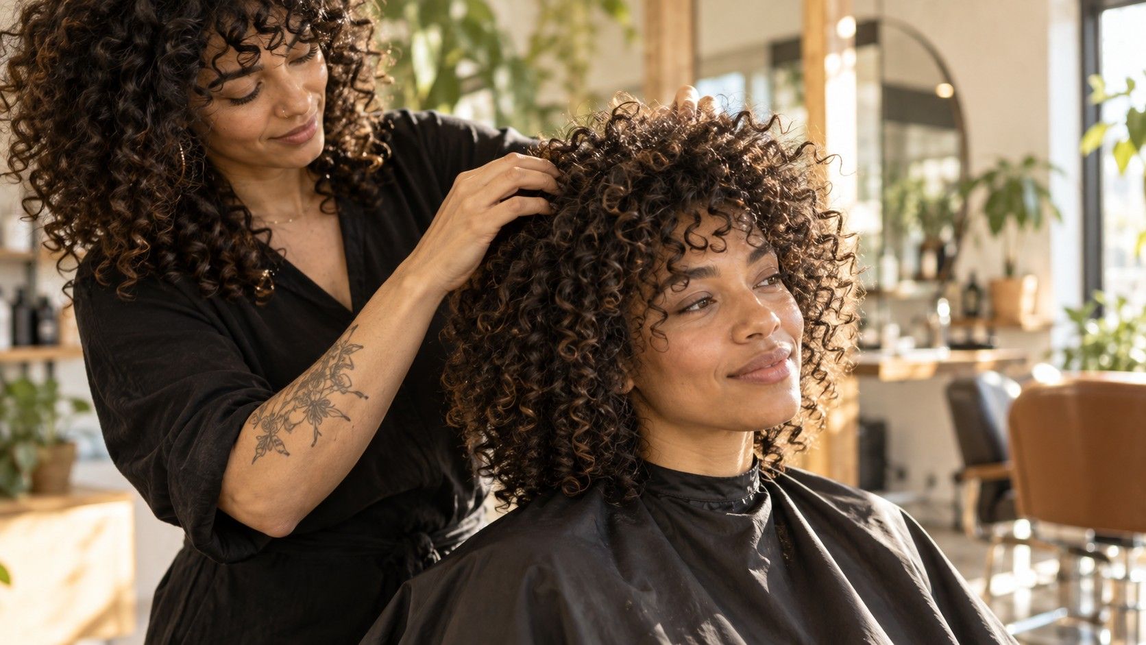Layered curly haircut with natural volume
