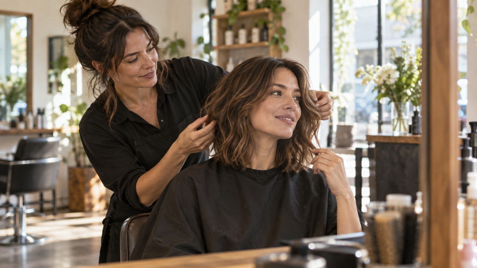 Woman discussing a layered haircut with a hairstylist