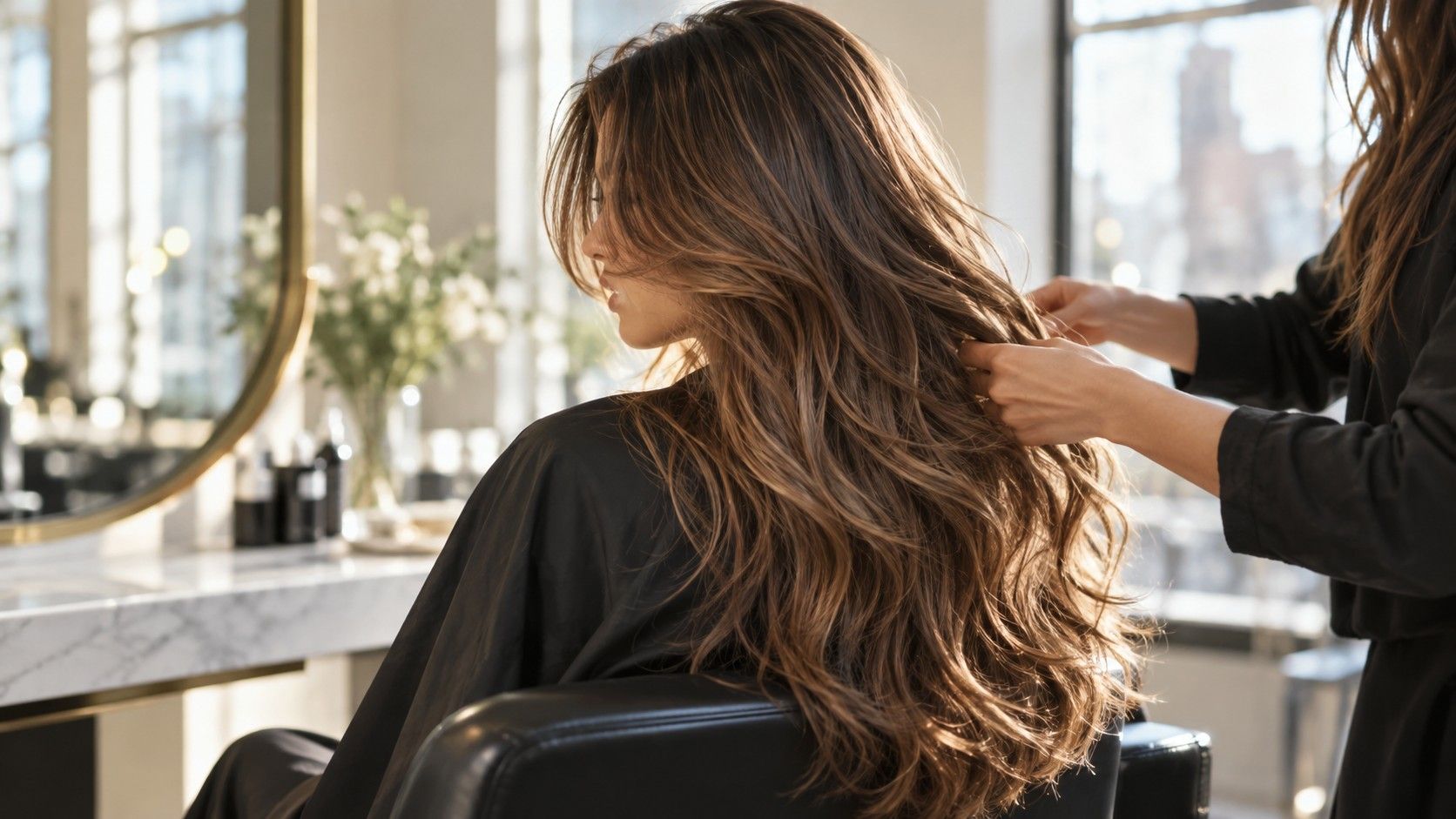 Long layered haircut with soft face-framing movement