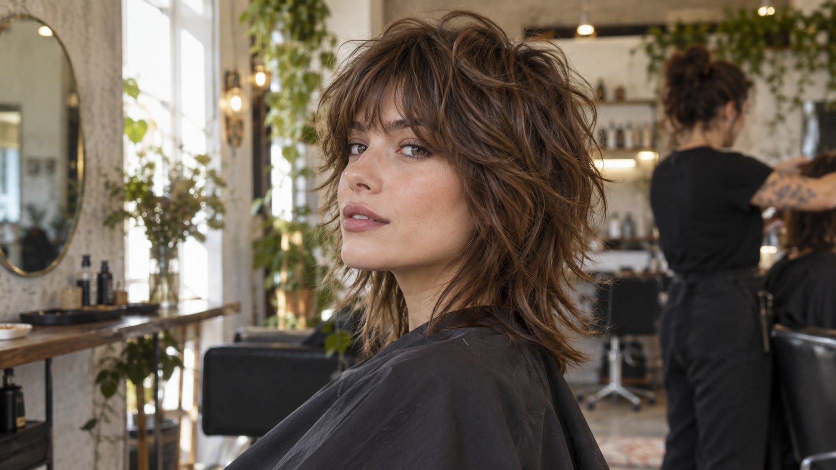 Textured layered shag haircut with soft curtain fringe
