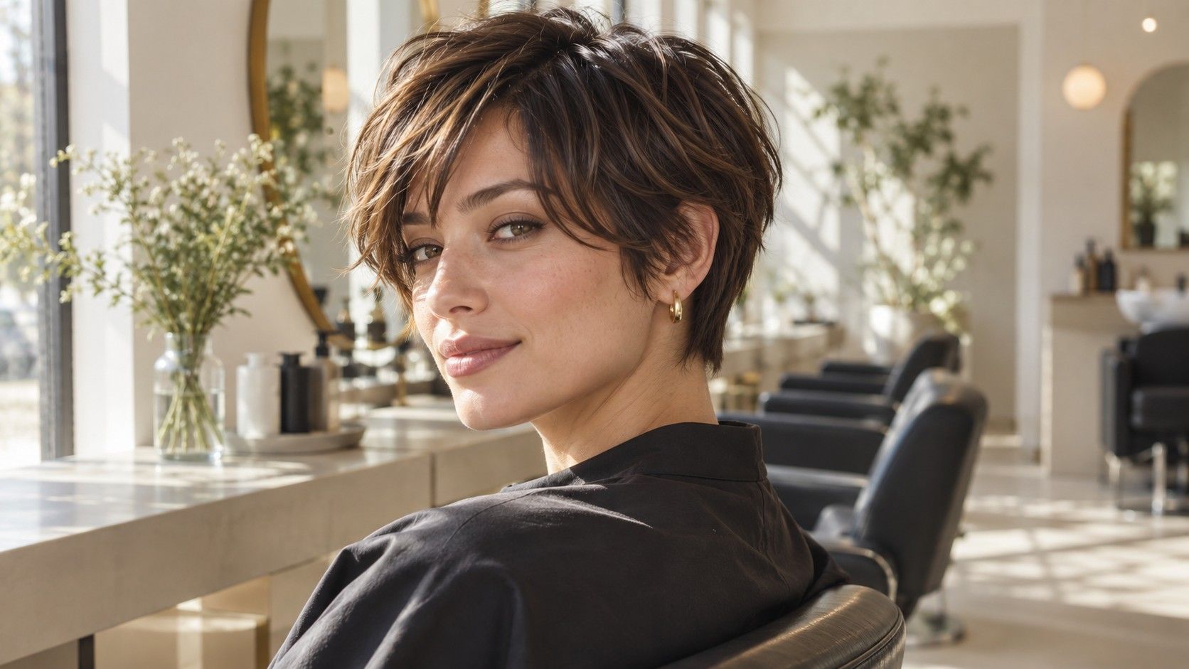 Short haircut with textured crown layers