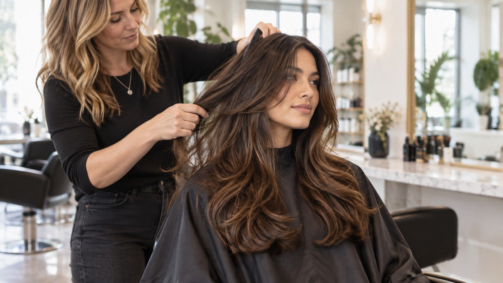 Long layered haircut shaped to reduce bulk in thick wavy hair